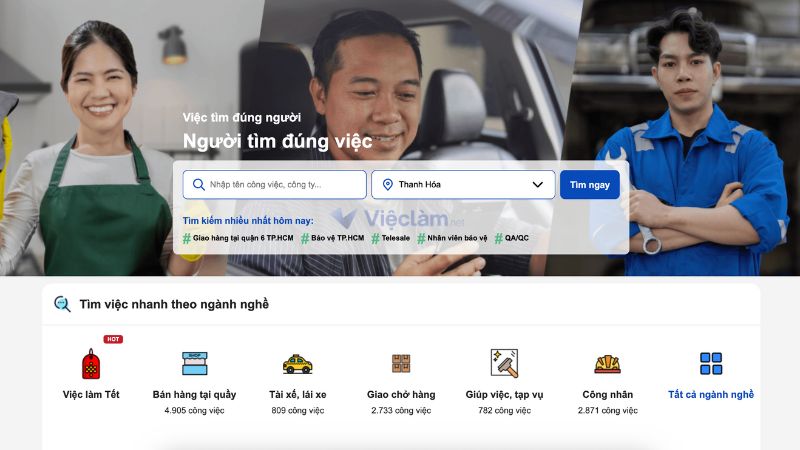Giao diện của trang Vieclam.net khi tìm việc làm Thanh Hoá