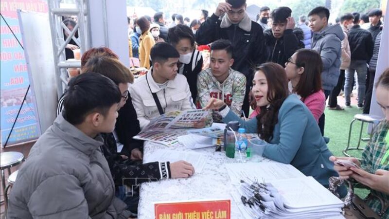 Nhân viên trung tâm giới thiệu việc làm Lạng Sơn hỗ trợ người lao động tìm việc (Nguồn: Thông tấn xã Việt Nam)