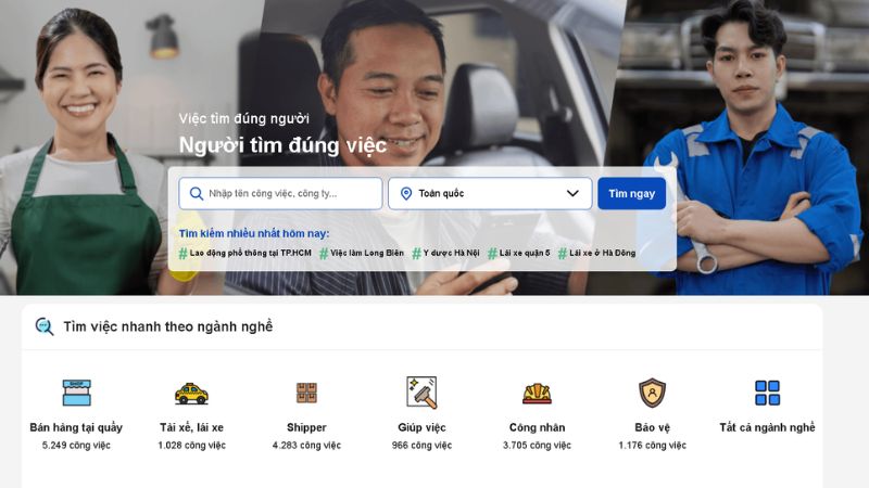 Giao diện trang tuyển dụng và tìm việc làm miễn phí tại website Vieclam.net