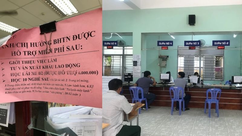 Thông báo hỗ trợ học nghề dành cho người lao động hưởng TCTN được dán tại Quầy làm thủ tục 