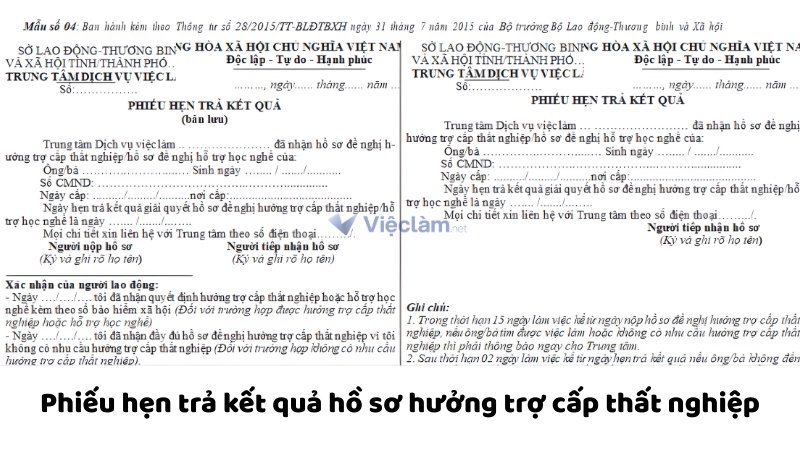 Mẫu phiếu hẹn trả kết quả Hồ sơ Bảo hiểm thất nghiệp