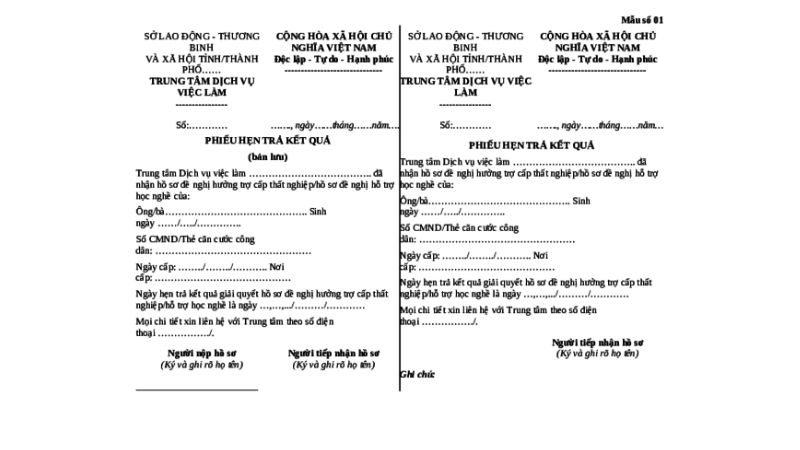 Phiếu hẹn trả kết quả trợ cấp thất nghiệp (Nguồn: Trợ lý Luật)
