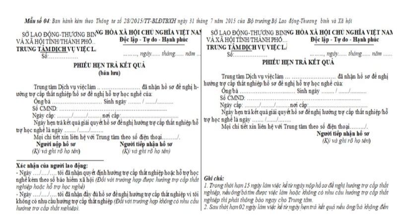 Địa điểm nộp hồ sơ bảo hiểm thất nghiệp tại Quận 8, TP HCM Phiếu hẹn trả kết quả trợ cấp thất nghiệp (Nguồn: Thư viện pháp luật)