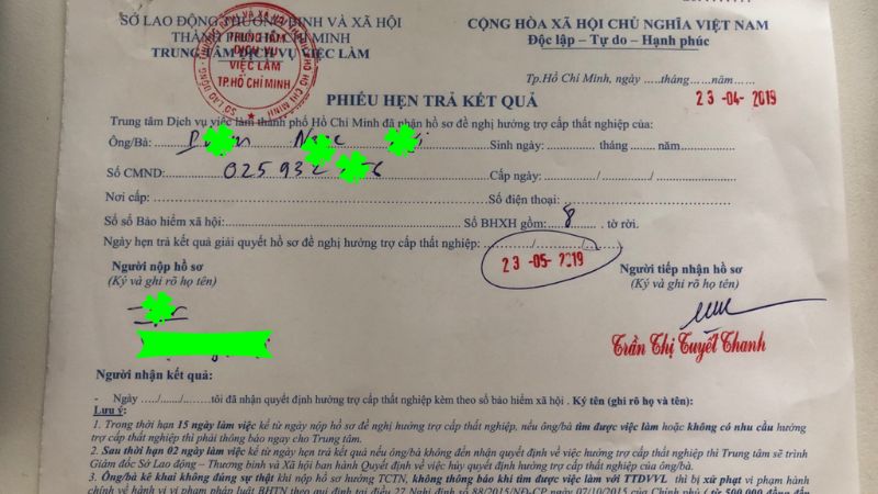 Phiếu hẹn Nhận kết quả Bảo hiểm Thất nghiệp.