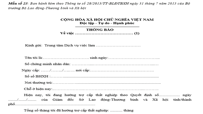 Mẫu đơn đề nghị chấm dứt hưởng trợ cấp thất nghiệp (Nguồn: Thư viện pháp luật)