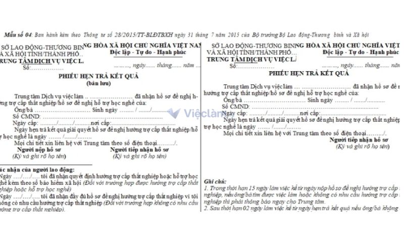 Giấy hẹn nhận kết quả Bảo hiểm thất nghiệp. (Nguồn: Thư viện Pháp luật)