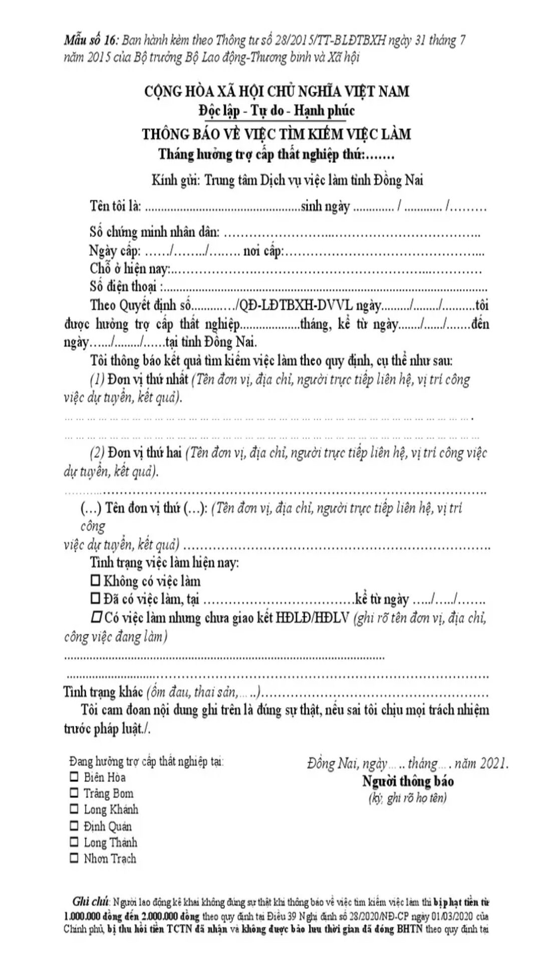 Mẫu đơn thông báo tình trạng tìm kiếm việc làm hằng tháng (Nguồn: Thư viện Pháp luật)