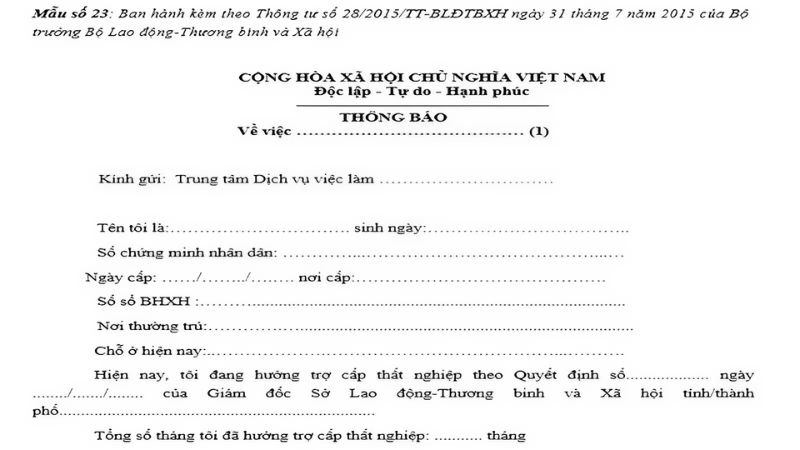 Mẫu đơn Thông báo chấm dứt hưởng trợ cấp thất nghiệp