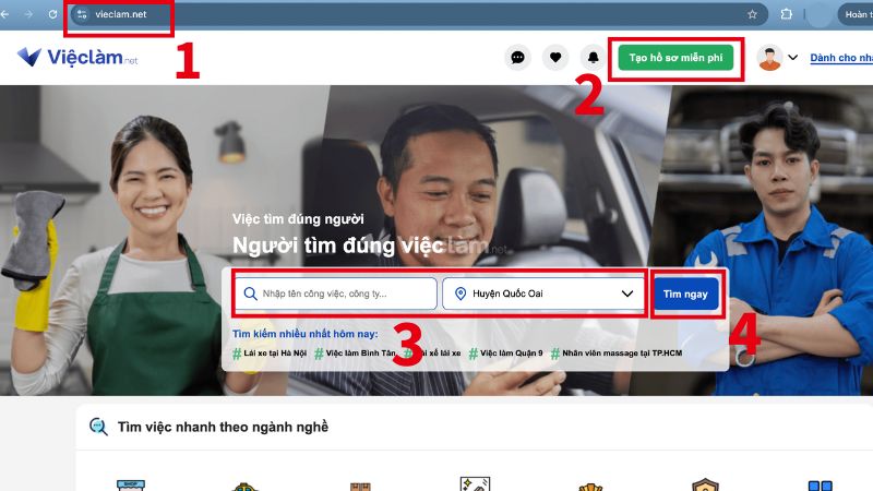 Thao tác tìm việc làm tại huyện Quốc Oai trên Vieclam.net