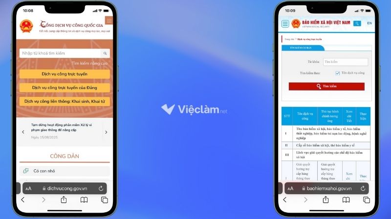 Màn hình giao diện Cổng Dịch vụ công Quốc gia (bên trái) và Cổng Dịch vụ công BHXH Việt Nam (bên phải)