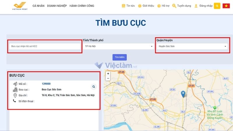 Người dân có thể sử dụng Vietnam Post để tìm bưu cục có nhận hồ sơ HCC tại khu vực Sóc Sơn
