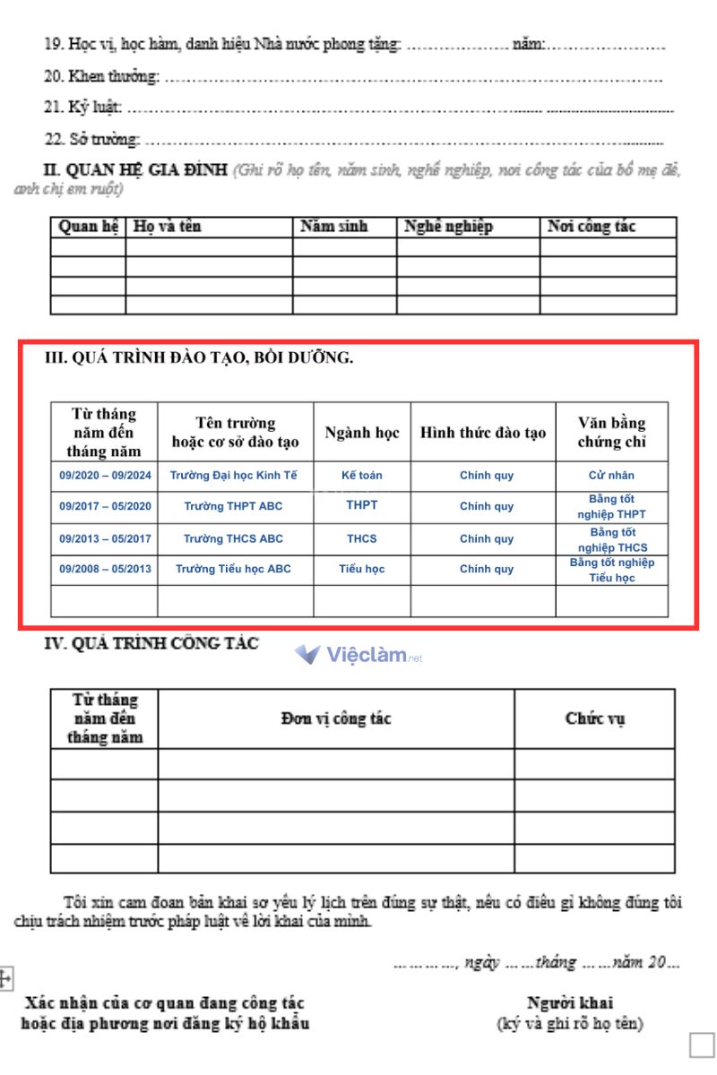 Vị trí của mục quá trình đào tạo trong mẫu sơ yếu lý lịch xin việc