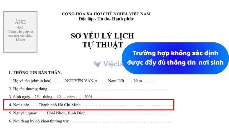 Hướng dẫn cách ghi cho Trường hợp không xác định được đầy đủ thông tin nơi sinh