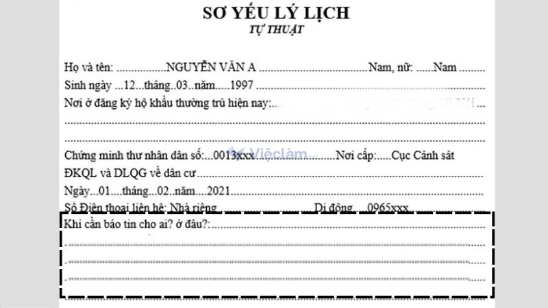 Mục khi cần báo tin cho ai ở đâu trong sơ yếu lý lịch