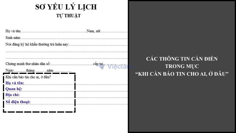 Các thông tin cần có trong mục Khi cần báo tin cho ai, ở đâu 