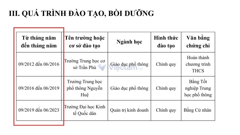 Kê khai mốc thời gian theo định dạng Tháng/Năm