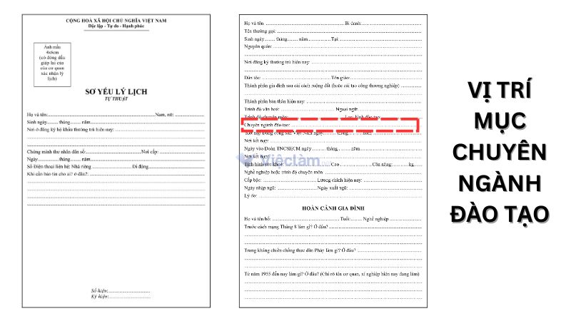 Mục chuyên ngành đào tạo thường nằm ở trang 2 của sơ yếu lý lịch