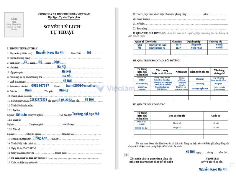 Cách viết mẫu sơ yếu lý lịch trên Vieclam.net