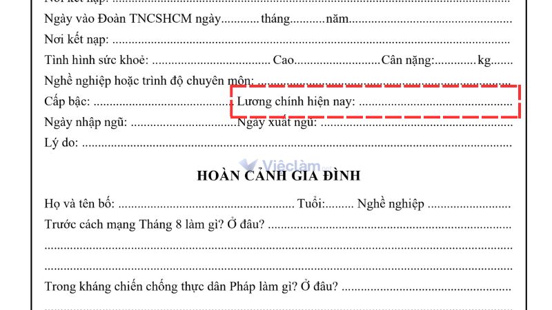 Mục lương chính hiện nay trong sơ yếu lý lịch