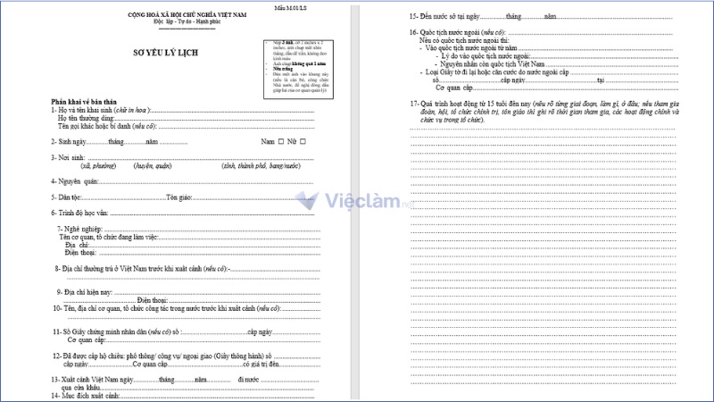 Mẫu sơ yếu lý lịch đi nước ngoài chuẩn