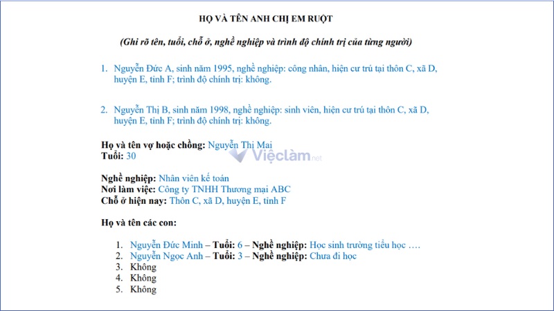 Người khai cần liệt kê các nội dung cơ bản cần ghi cho từng người