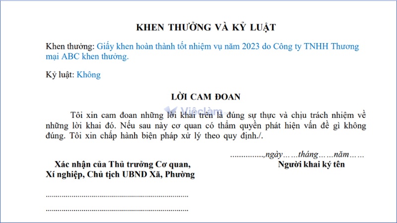 Hướng dẫn cách điền mục khen thưởng và kỹ luật trong sơ yếu lý lịch đi nước ngoài