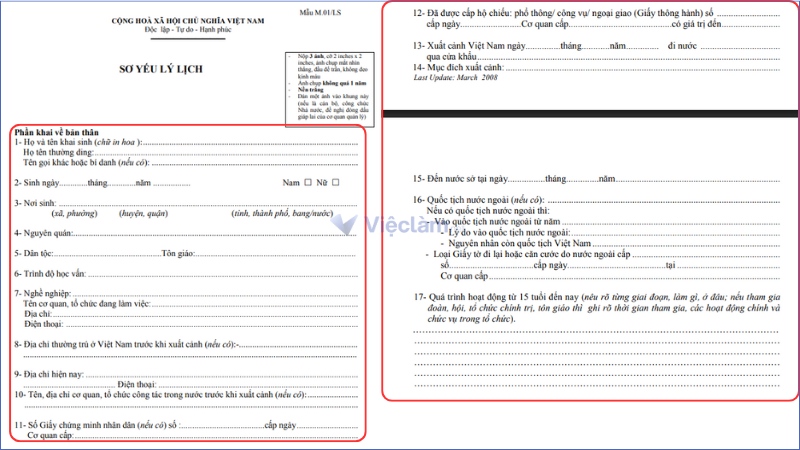 Phần khai thông tin cá nhân trong sơ yếu lý lịch