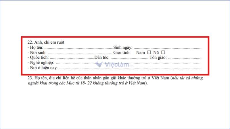 Mục khai họ và tên anh, chị, em ruột