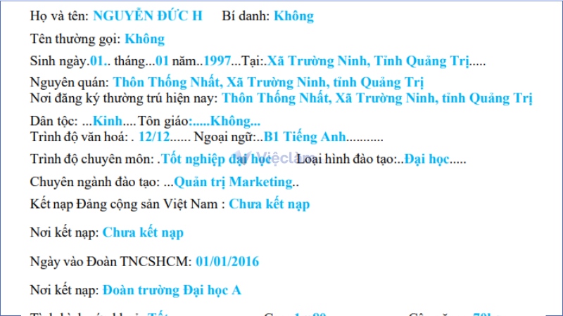Điền sơ yếu lý lịch đi nước ngoài mục thông tin cá nhân