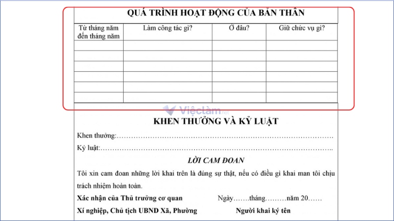 Mục khai thông tin quá trình hoạt động của bản thân