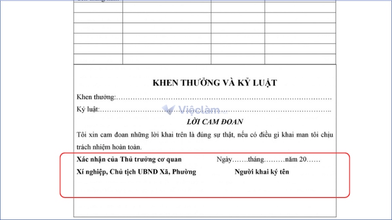 Mục Xác nhận của Ủy ban/cơ quan trong sơ yếu lí lịch