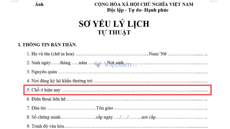 Vị trí chỗ ở hiện nay trong sơ yếu lý lịch