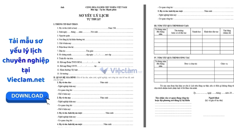 Tải mẫu sơ yếu lý lịch đúng chuẩn tại Vieclam.net