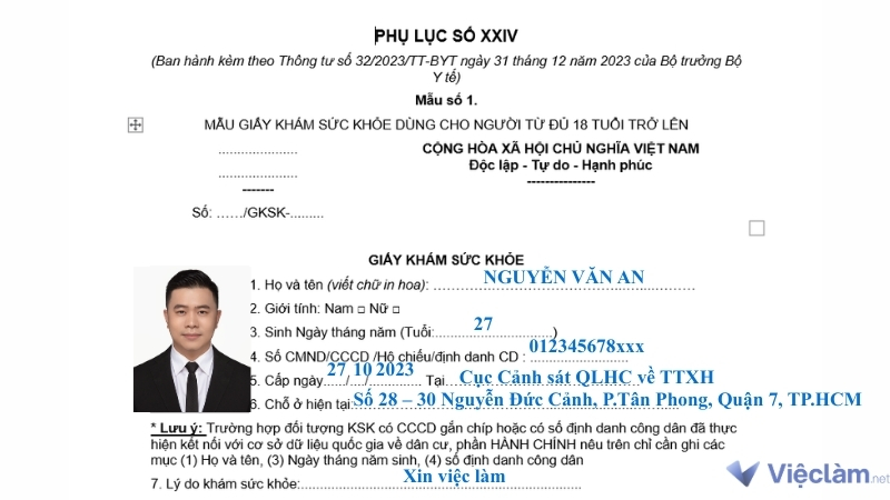 Mẫu hướng dẫn cách điền phần thông tin cá nhân trong Giấy khám sức khỏe 
