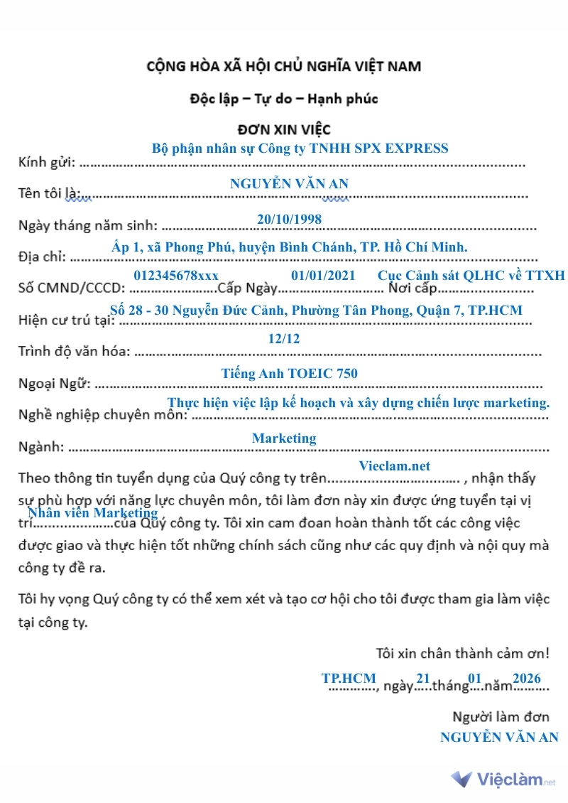 Mẫu hướng dẫn điền Hồ sơ xin việc cho vị trí Nhân viên Marketing tại Shopee