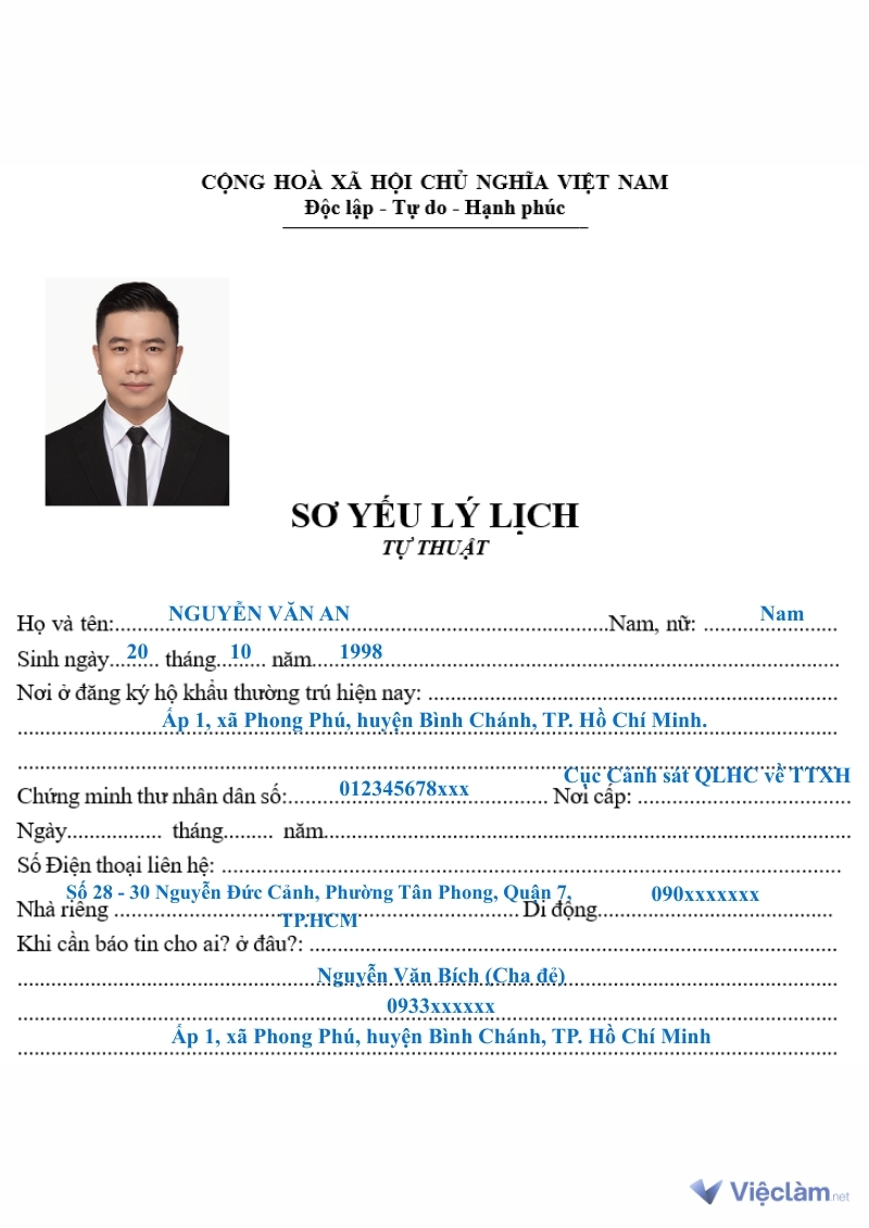 Mẫu hướng dẫn cách điền Trang bìa Sơ yếu lý lịch