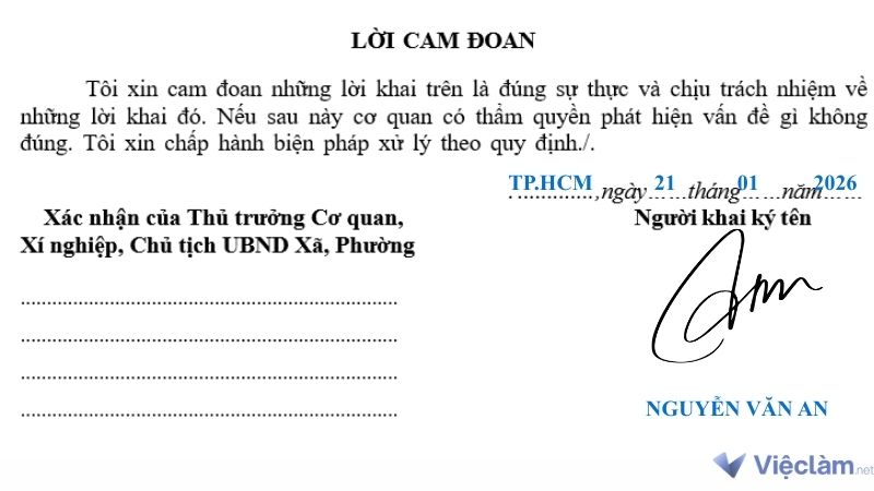 Mẫu hướng dẫn cách trình bày phần ký tên và xác nhận trong Sơ yếu lý lịch 