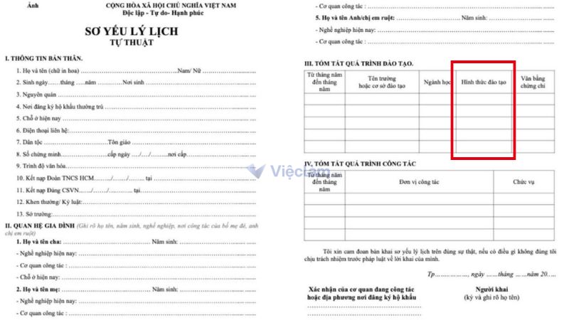 Cách ghi mục hình thức đào tạo trong sơ yếu lý lịch chuẩn Vị trí của cột "Hình thức đào tạo" nằm trong mục "Tóm tắt quá trình đào tạo"