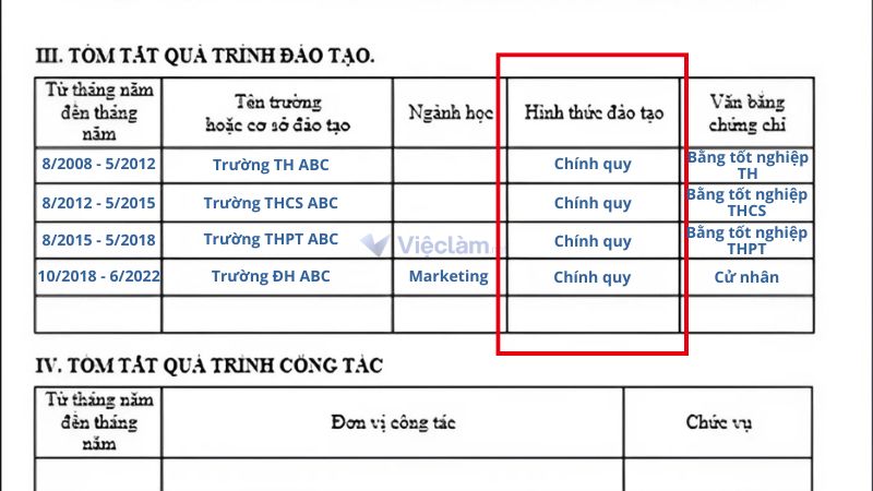 Cách ghi mục hình thức đào tạo trong sơ yếu lý lịch chuẩn Cách ghi "Hình thức đào tạo" nằm trong mục "Tóm tắt quá trình đào tạo"
