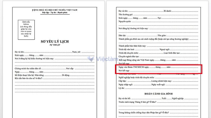 Vị trí mục nơi kết nạp Đoàn trong sơ yếu lý lịch tự thuật
