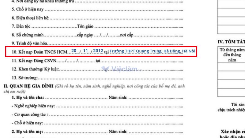 Cách ghi nơi kết nạp Đoàn trong sơ yếu lý lịch xin việc