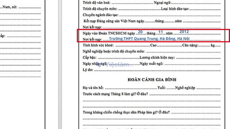 Cách ghi nơi kết nạp Đoàn trong sơ yếu lý lịch tự thuật