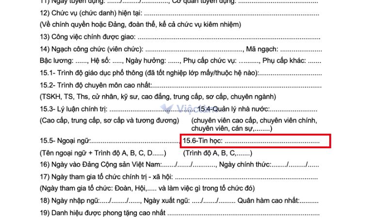 Hướng dẫn cách viết trình độ tin học trong sơ yếu lý lịch Vị trí của mục trình độ tin học trong sơ yếu lý lịch mẫu 2C-BNV/2008