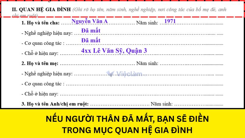 Vị trí điền mục người thân đã mất trong sơ yếu lý lịch
