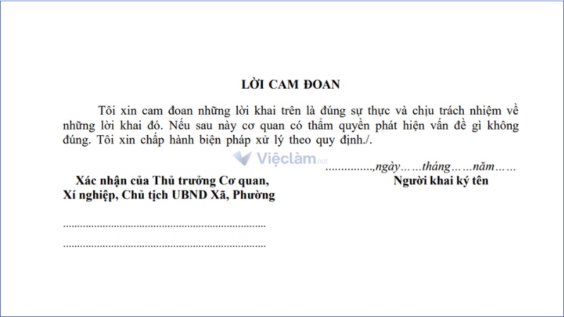 Ví dụ cách viết lời cam đoan trong sơ yếu lý lịch tự thuật