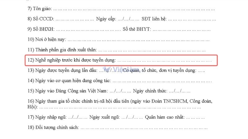 Vị trí ghi nghề nghiệp trong sơ yếu lý lịch công chức, viên chức