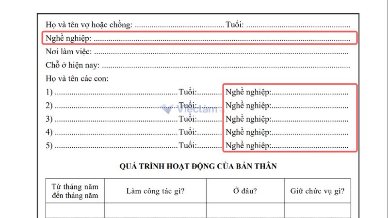 Vị trí ghi nghề nghiệp của vợ/chồng và con cái (nếu có) trong sơ yếu lý lịch tự thuật