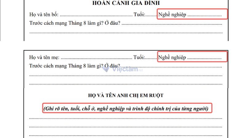 Vị trí ghi nghề nghiệp của bố mẹ, anh chị em ruột trong sơ yếu lý lịch tự thuật