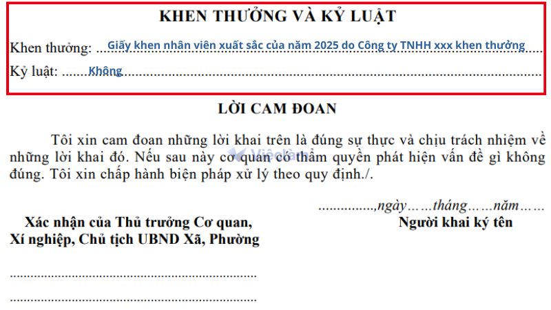 Cách ghi mục Khen thưởng và Kỷ luật trong Sơ yếu lý lịch tự thuật