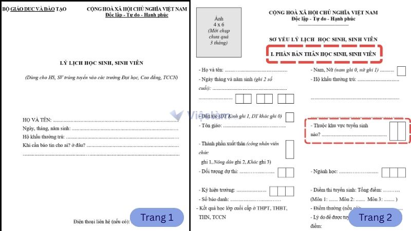 Vị trí của mục khu vực tuyển sinh trong sơ yếu lý lịch